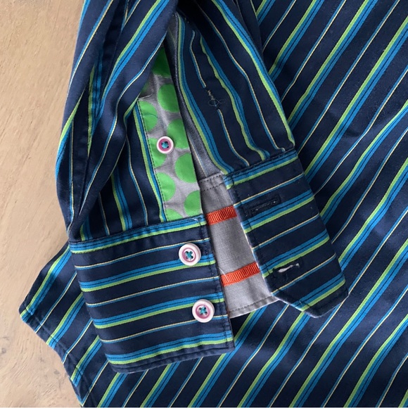 Robert Graham X Mens Shirt Large Blue Green Stripe Contrasting Cuffs Modern - Picture 7 of 8